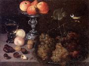 Georg Flegel Still life of grapes on a pewter dish,together with peaches,nuts,a glass roemer and a silver tazza containing apples and pears,and a blue-tit china oil painting reproduction